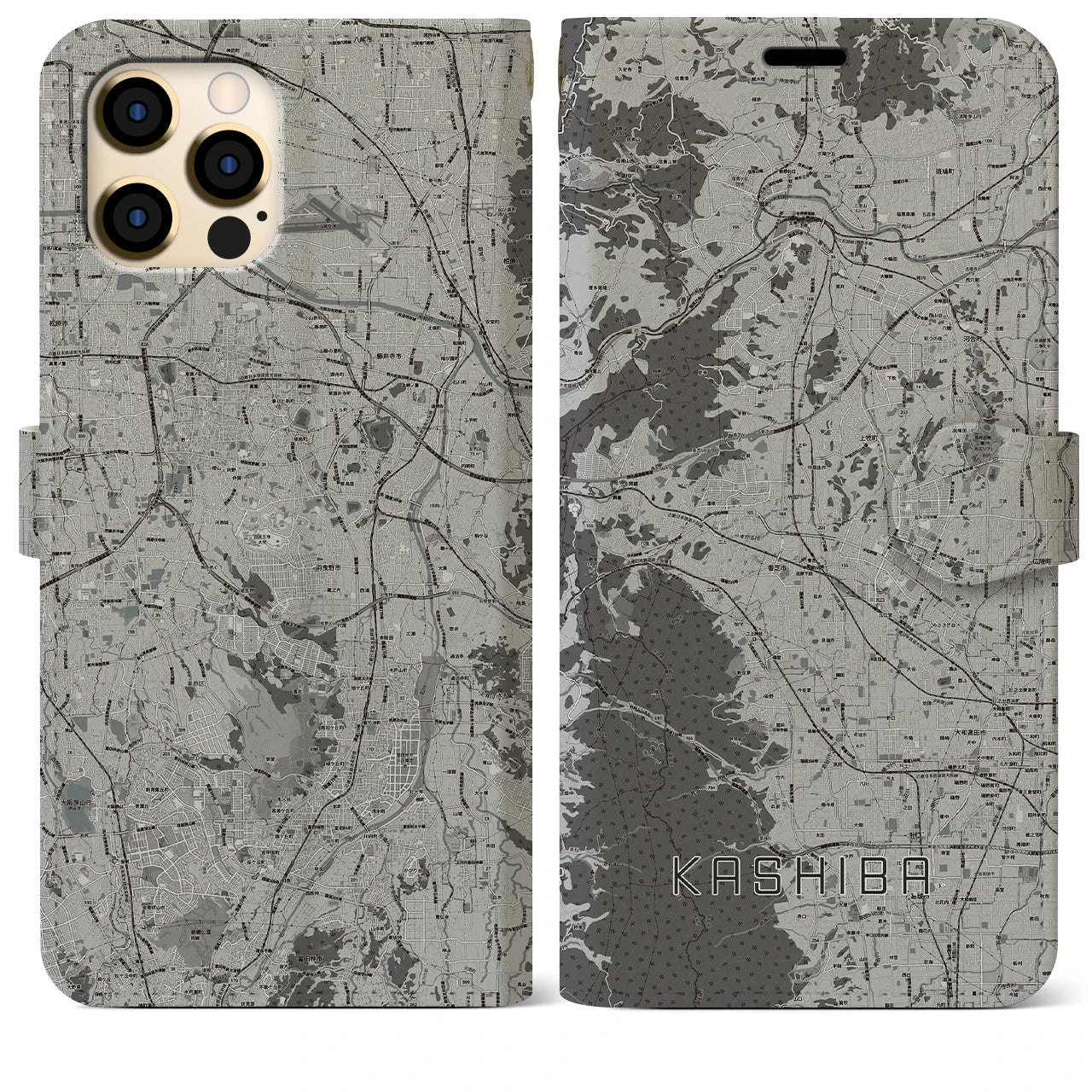 【香芝(奈良県)】地図柄iPhoneケース(手帳タイプ)モノトーン・iPhone 12 Pro Max 用