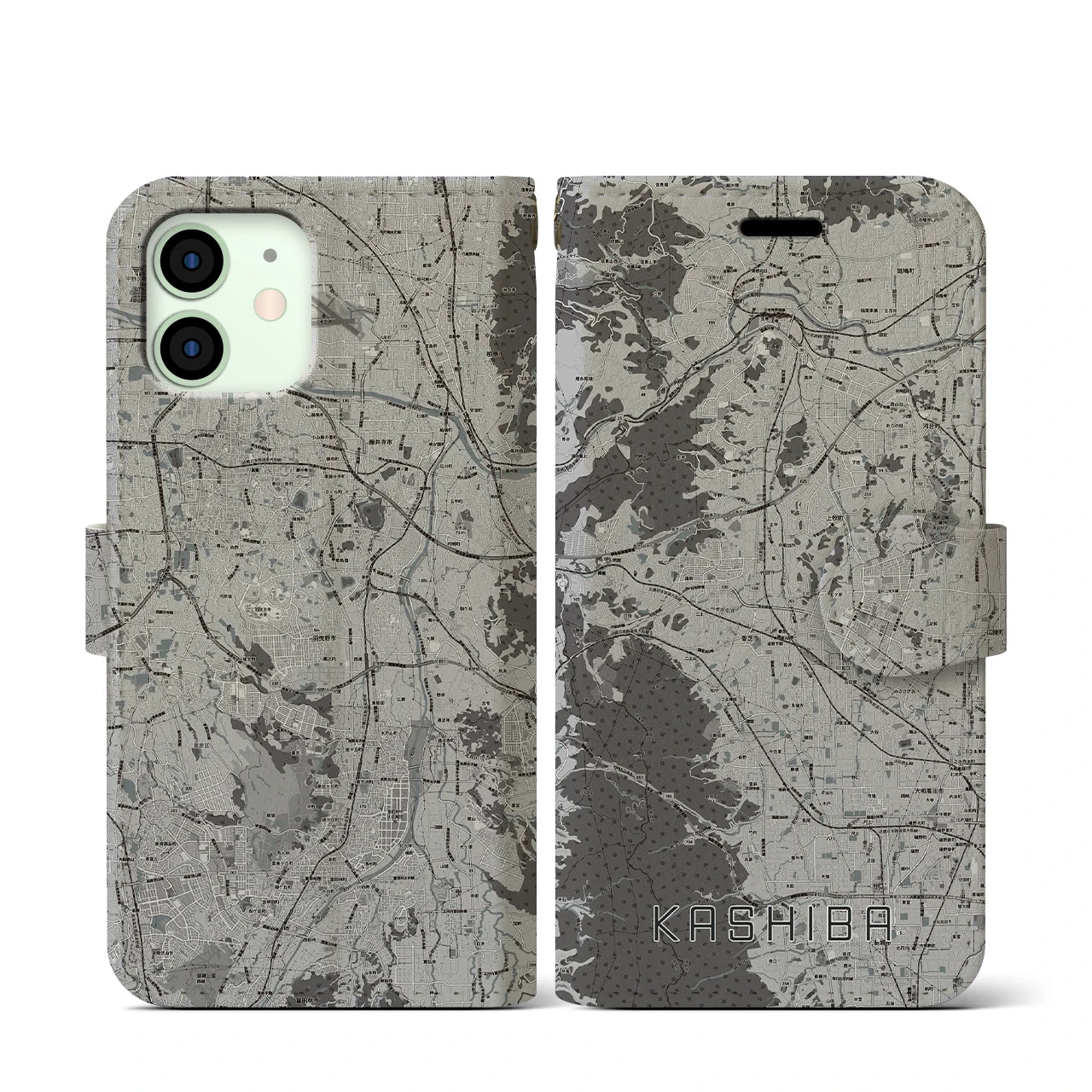 【香芝(奈良県)】地図柄iPhoneケース(手帳タイプ)モノトーン・iPhone 12 mini 用