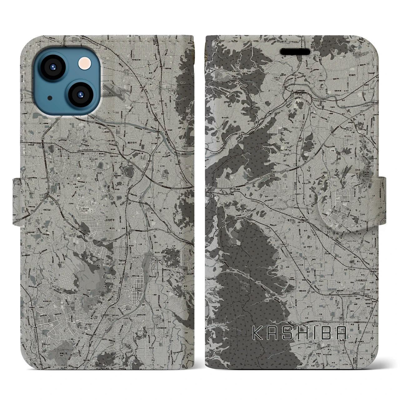 【香芝(奈良県)】地図柄iPhoneケース(手帳タイプ)モノトーン・iPhone 13 用