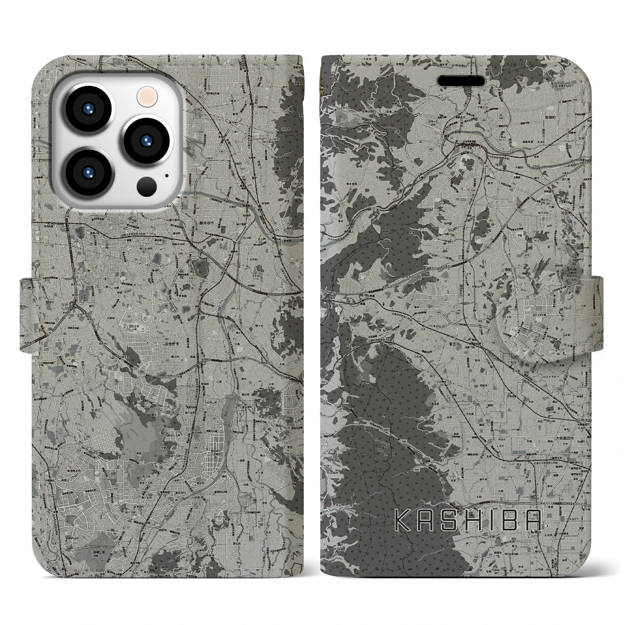 【香芝(奈良県)】地図柄iPhoneケース(手帳タイプ)モノトーン・iPhone 13 Pro 用