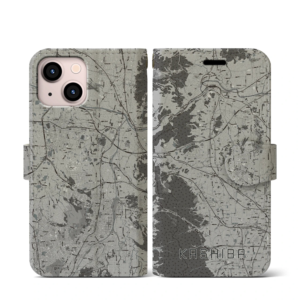 【香芝(奈良県)】地図柄iPhoneケース(手帳タイプ)モノトーン・iPhone 13 mini 用