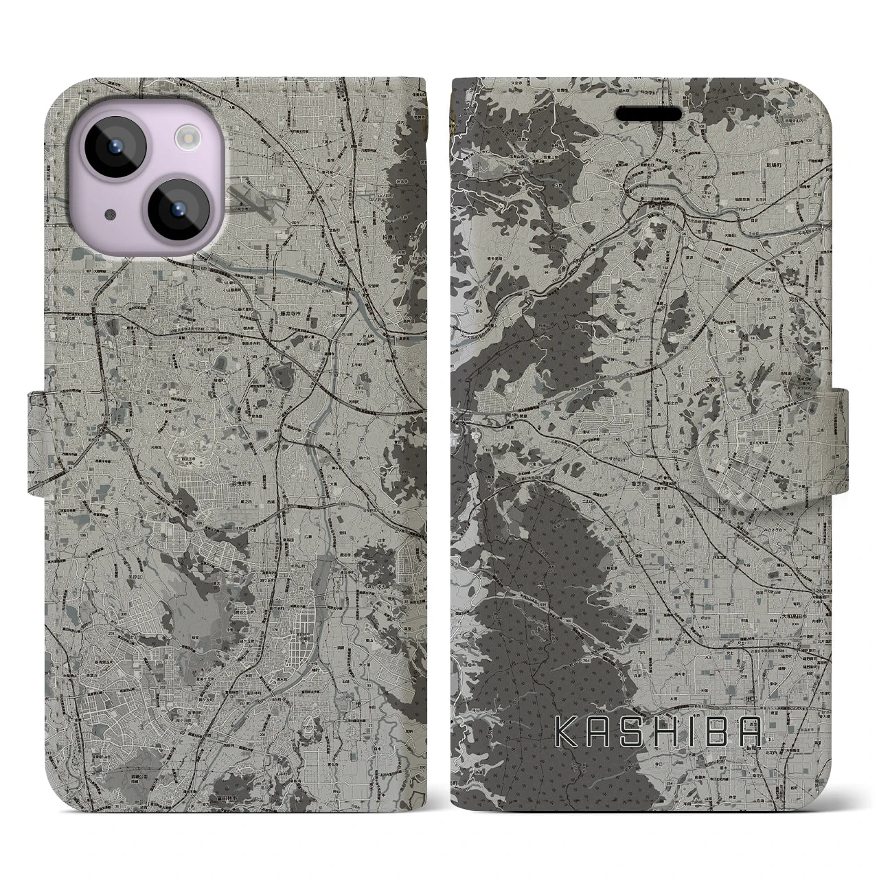 【香芝(奈良県)】地図柄iPhoneケース(手帳タイプ)モノトーン・iPhone 14 用