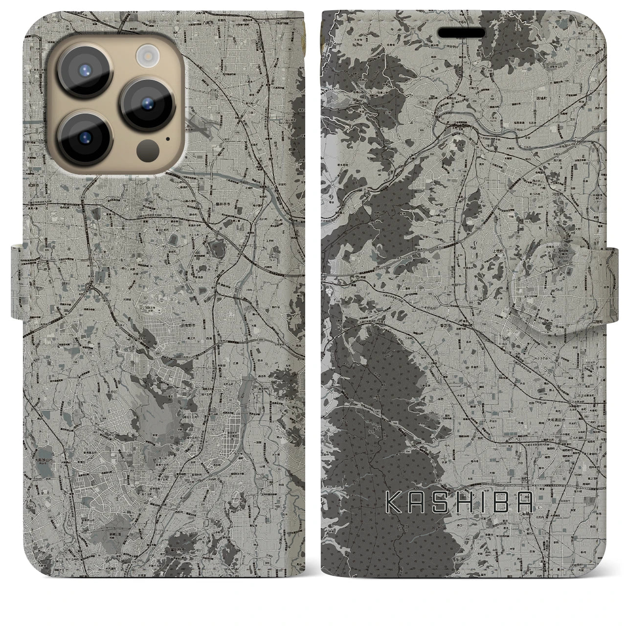 【香芝(奈良県)】地図柄iPhoneケース(手帳タイプ)モノトーン・iPhone 14 Pro Max 用