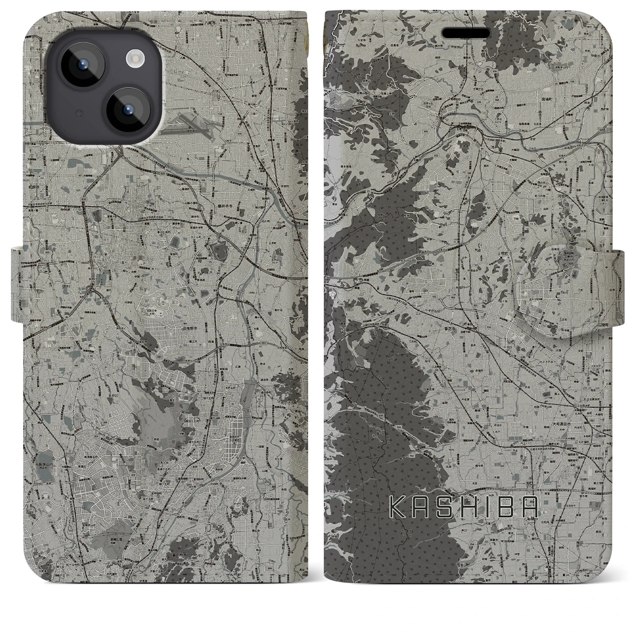 【香芝(奈良県)】地図柄iPhoneケース(手帳タイプ)モノトーン・iPhone 14 Plus 用