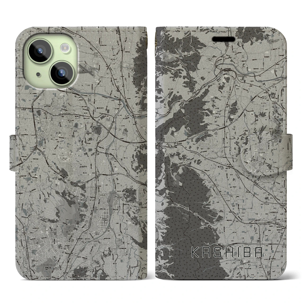 【香芝(奈良県)】地図柄iPhoneケース(手帳タイプ)モノトーン・iPhone 15 用