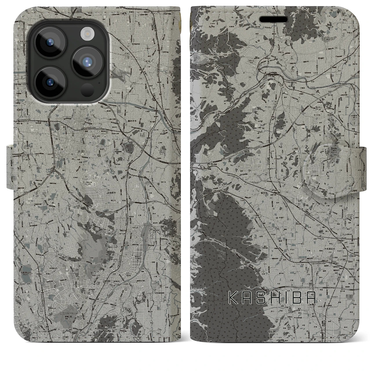 【香芝(奈良県)】地図柄iPhoneケース(手帳タイプ)モノトーン・iPhone 15 Pro Max 用