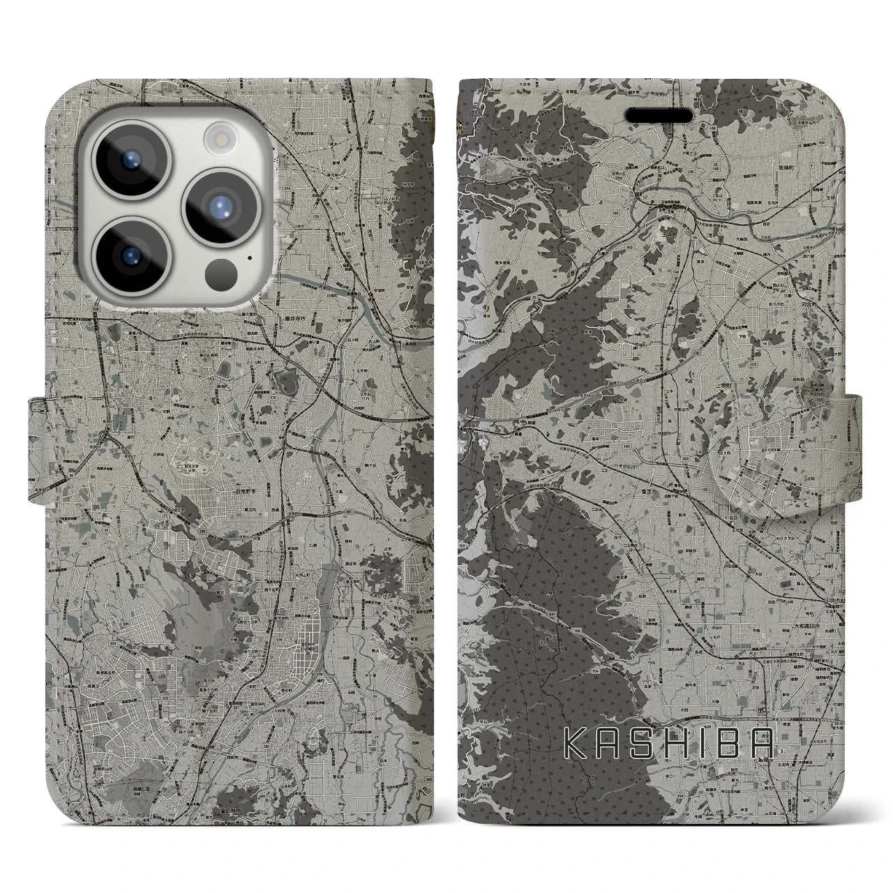 【香芝(奈良県)】地図柄iPhoneケース(手帳タイプ)モノトーン・iPhone 15 Pro 用