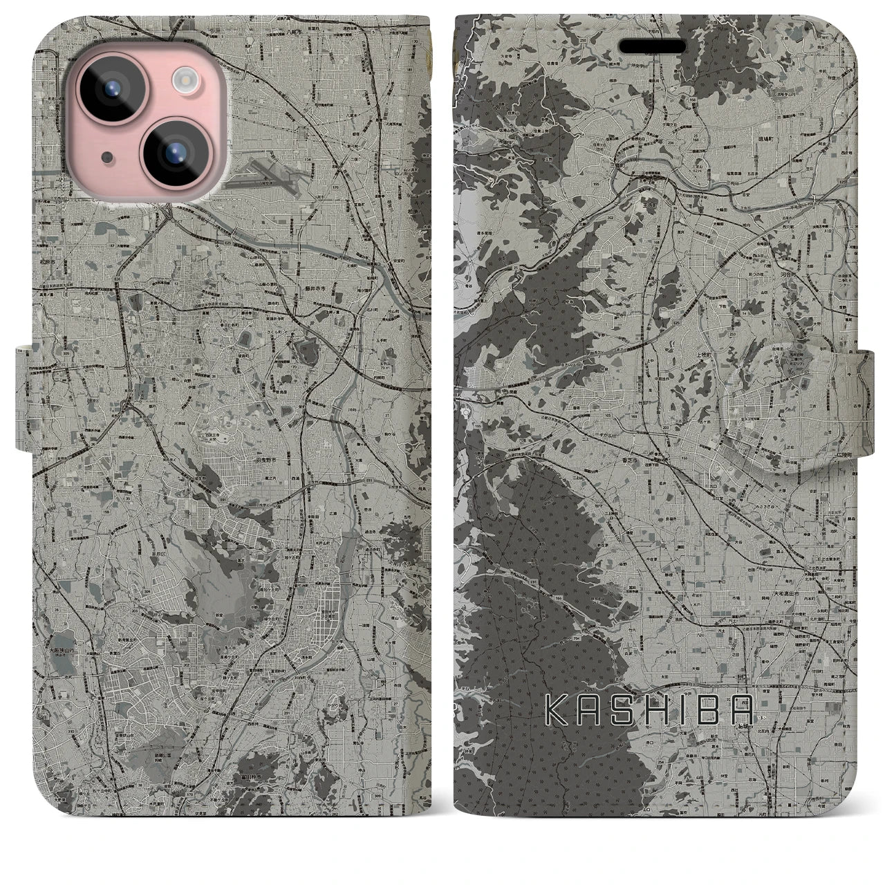 【香芝(奈良県)】地図柄iPhoneケース(手帳タイプ)モノトーン・iPhone 15 Plus 用