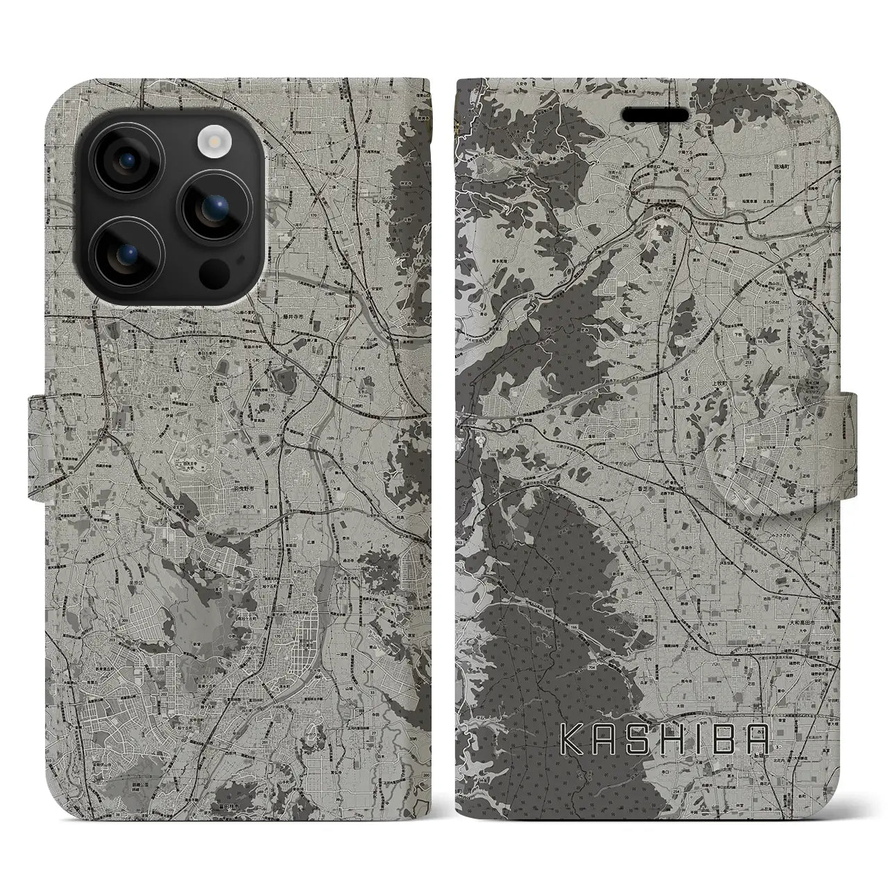 【香芝(奈良県)】地図柄iPhoneケース(手帳タイプ)モノトーン・iPhone 16 用