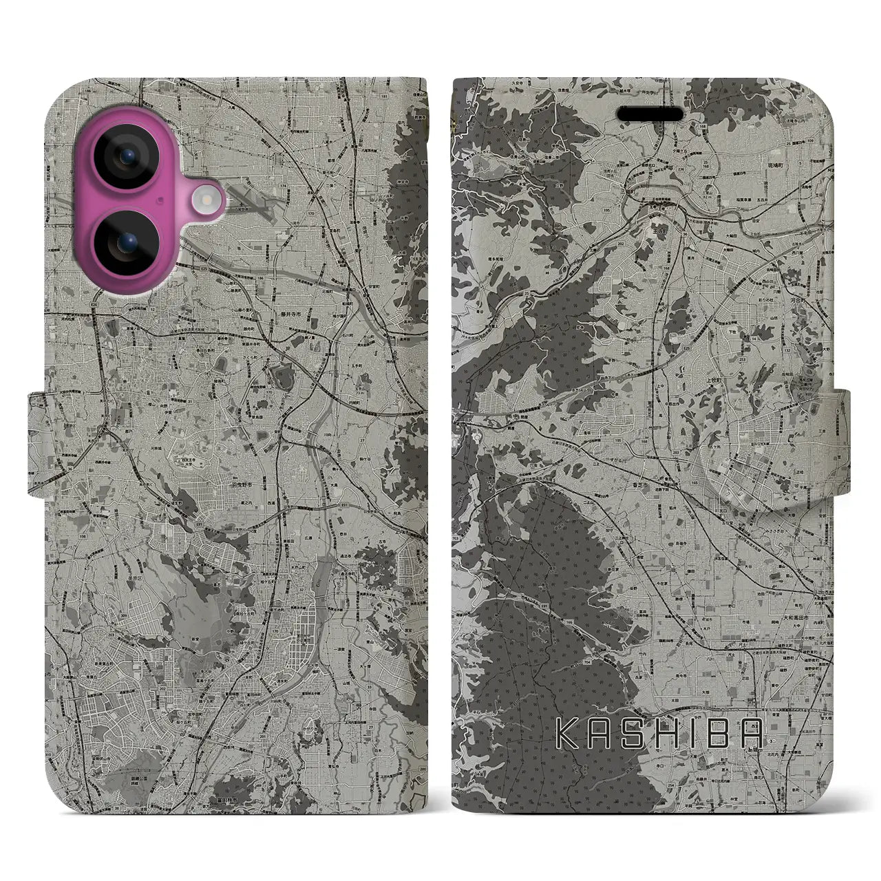 【香芝(奈良県)】地図柄iPhoneケース(手帳タイプ)モノトーン・iPhone 16 Pro 用