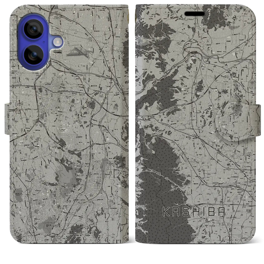 【香芝(奈良県)】地図柄iPhoneケース(手帳タイプ)モノトーン・iPhone 16 Pro Max 用