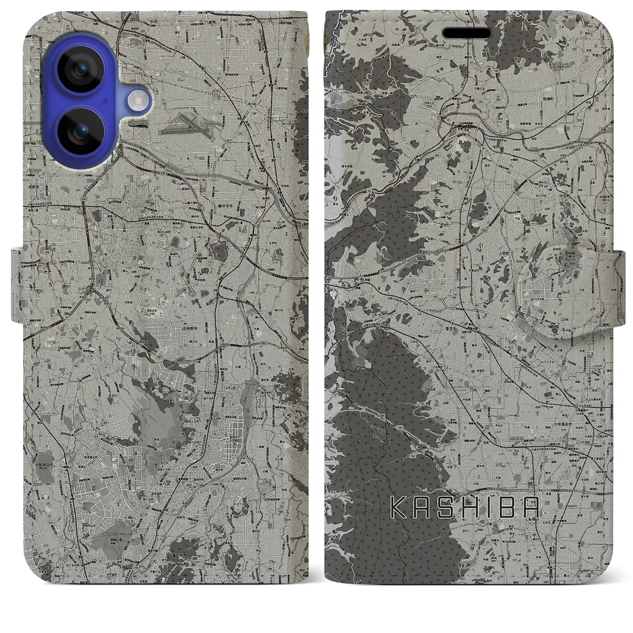 【香芝(奈良県)】地図柄iPhoneケース(手帳タイプ)モノトーン・iPhone 16 Pro Max 用