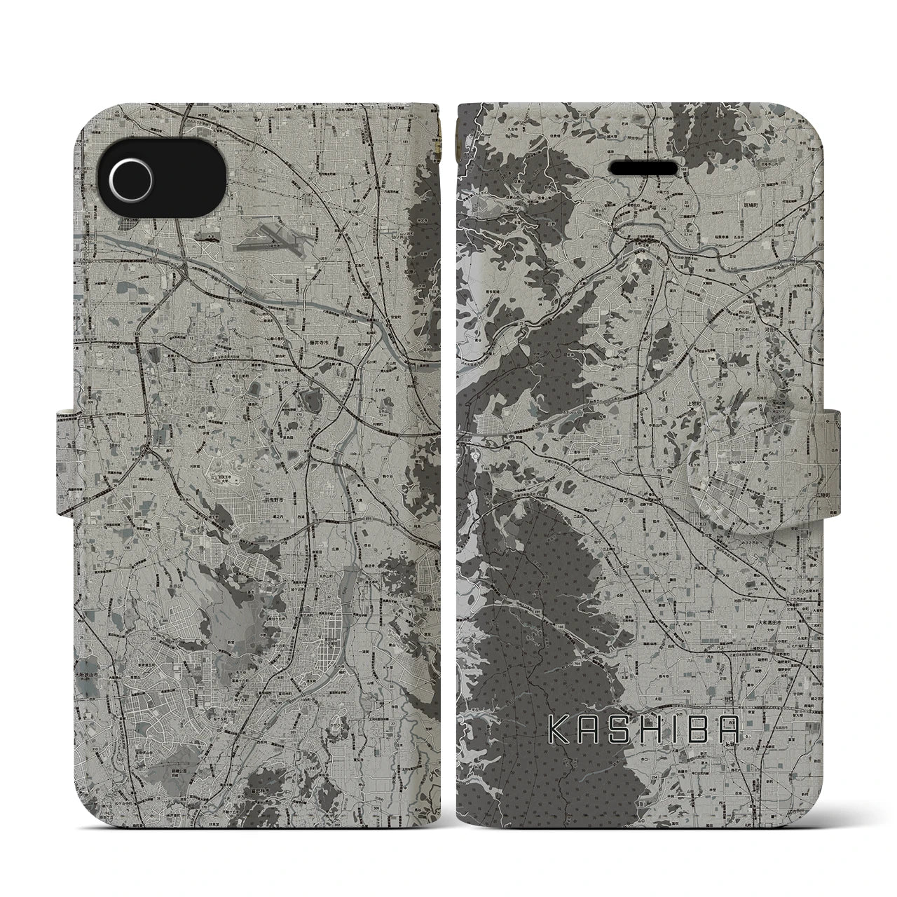 【香芝(奈良県)】地図柄iPhoneケース(手帳タイプ)モノトーン・iPhone SE(第3 / 第2世代) / 8 / 7 / 6s / 6 用