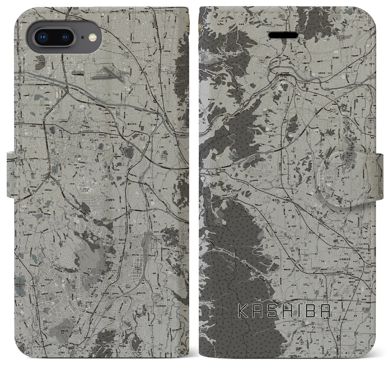 【香芝(奈良県)】地図柄iPhoneケース(手帳タイプ)モノトーン・iPhone 8Plus /7Plus / 6sPlus / 6Plus 用