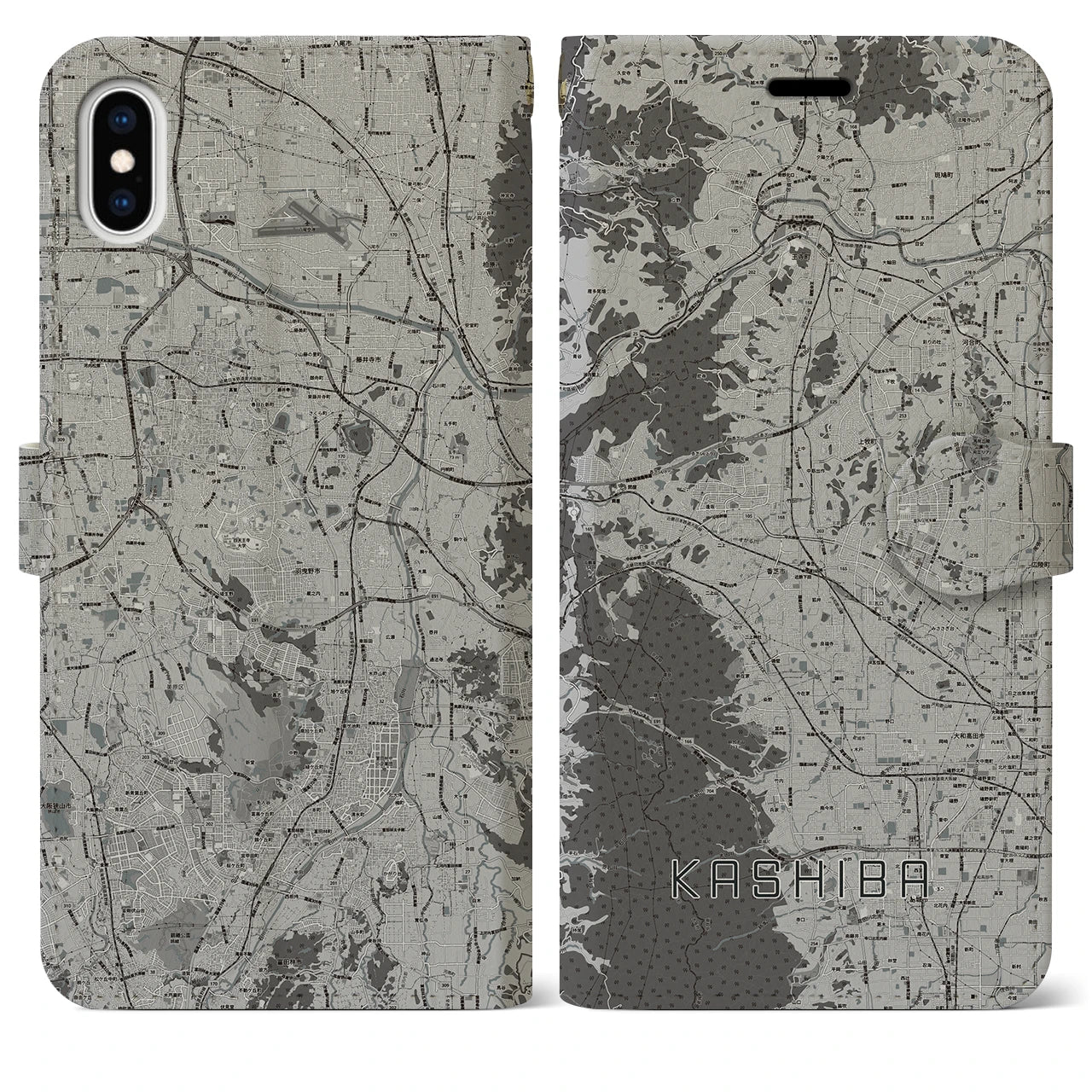 【香芝(奈良県)】地図柄iPhoneケース(手帳タイプ)モノトーン・iPhone XS Max 用