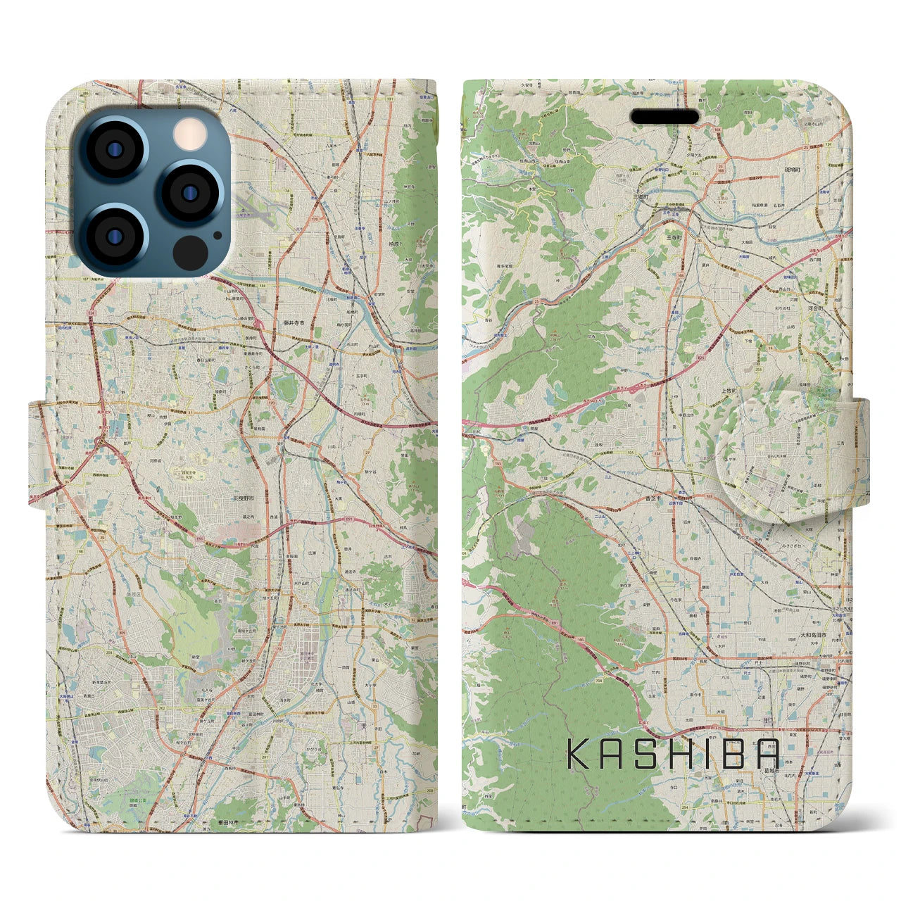 【香芝(奈良県)】地図柄iPhoneケース(手帳タイプ)ナチュラル・iPhone 12 / 12 Pro 用