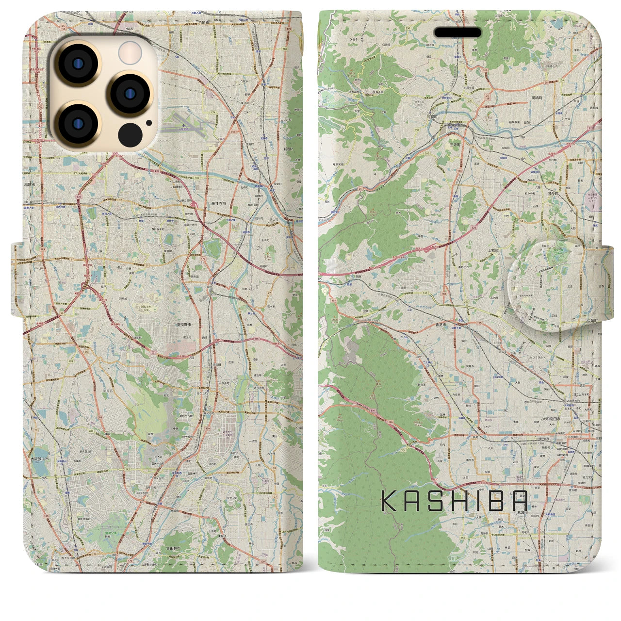 【香芝(奈良県)】地図柄iPhoneケース(手帳タイプ)ナチュラル・iPhone 12 Pro Max 用
