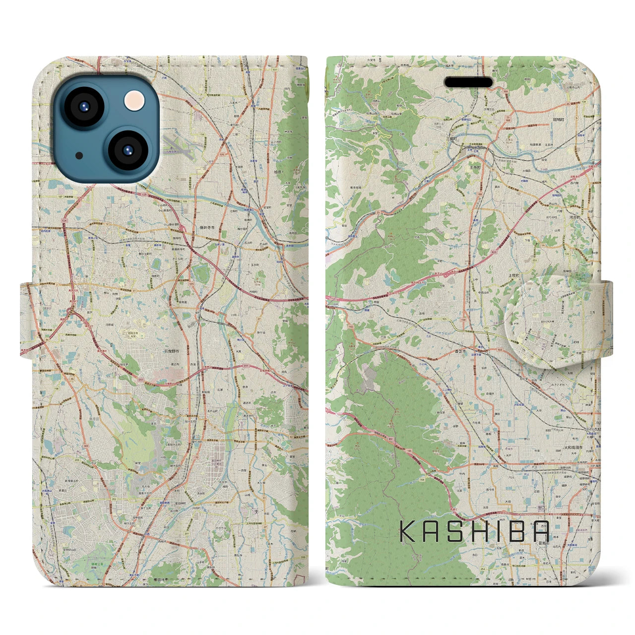 【香芝(奈良県)】地図柄iPhoneケース(手帳タイプ)ナチュラル・iPhone 13 用