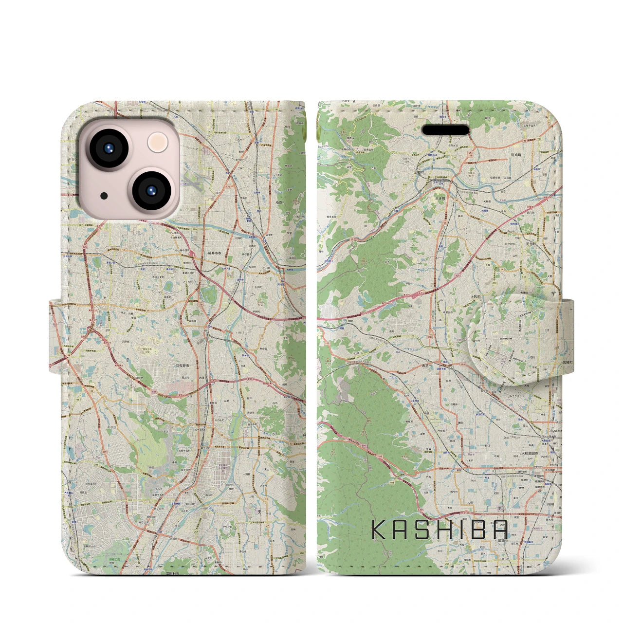 【香芝(奈良県)】地図柄iPhoneケース(手帳タイプ)ナチュラル・iPhone 13 mini 用