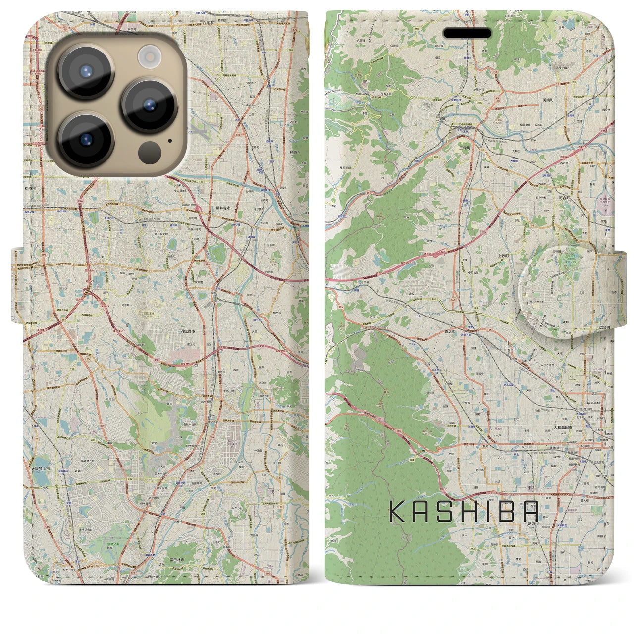 【香芝(奈良県)】地図柄iPhoneケース(手帳タイプ)ナチュラル・iPhone 14 Pro Max 用