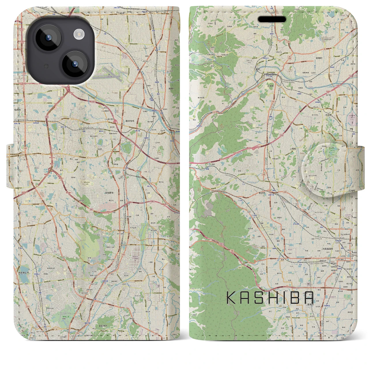 【香芝(奈良県)】地図柄iPhoneケース(手帳タイプ)ナチュラル・iPhone 14 Plus 用
