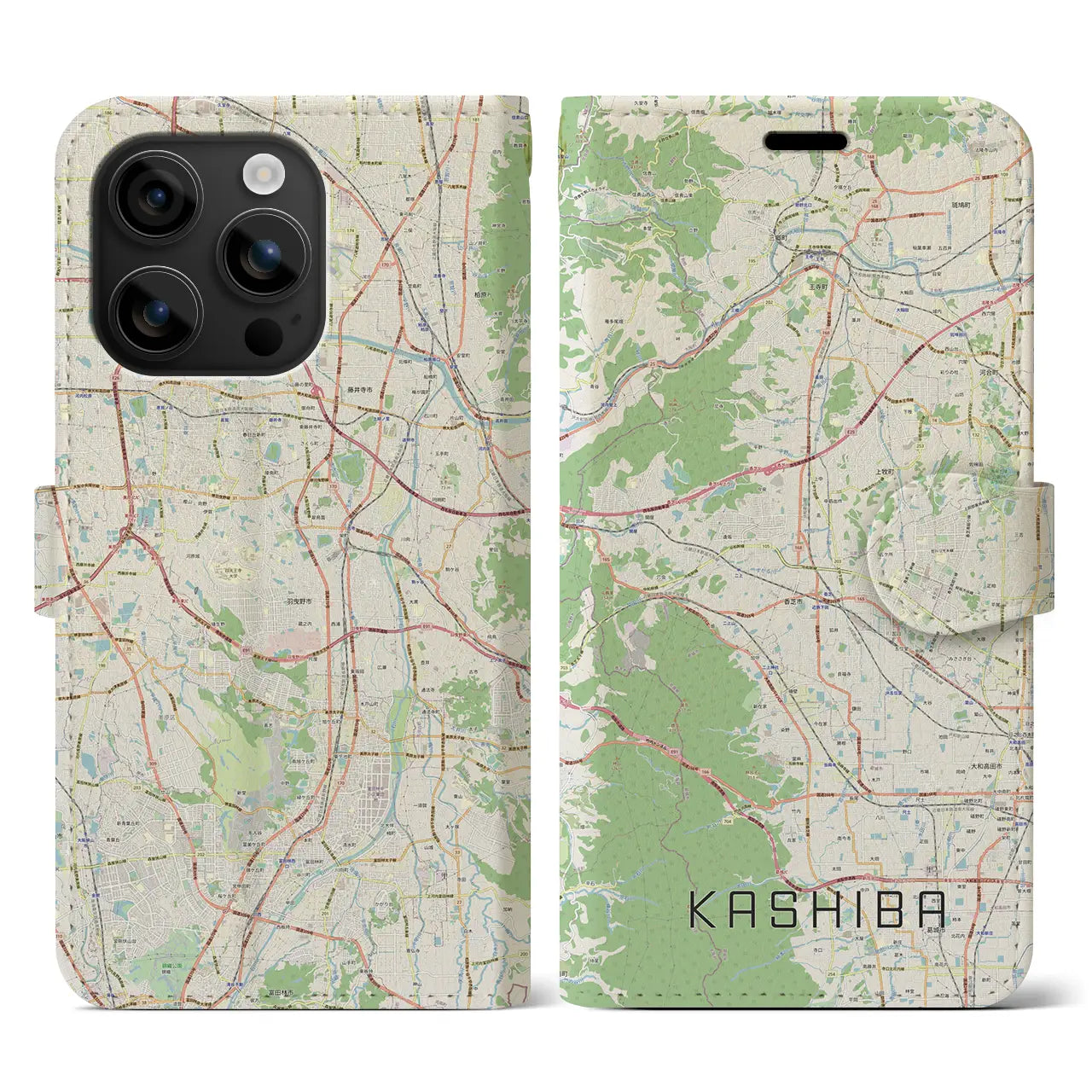 【香芝(奈良県)】地図柄iPhoneケース(手帳タイプ)ナチュラル・iPhone 16 用