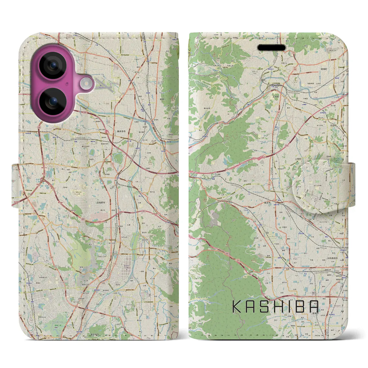 【香芝(奈良県)】地図柄iPhoneケース(手帳タイプ)ナチュラル・iPhone 16 Pro 用