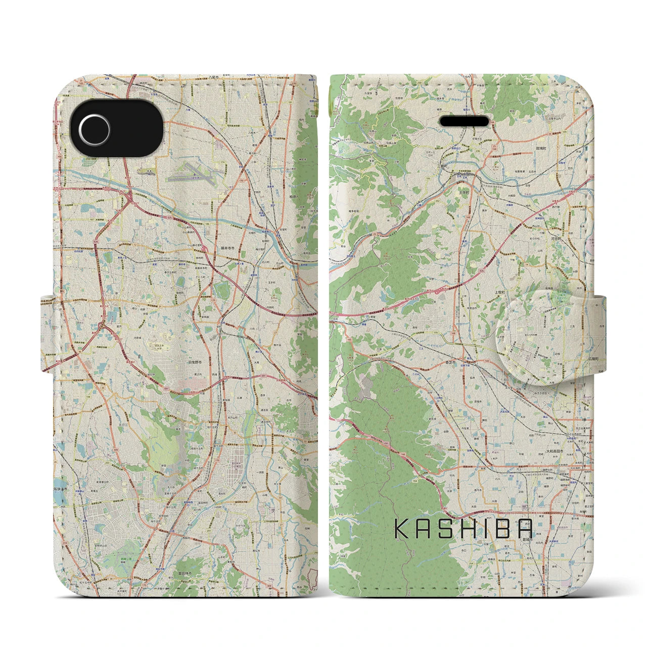 【香芝(奈良県)】地図柄iPhoneケース(手帳タイプ)ナチュラル・iPhone SE(第3 / 第2世代) / 8 / 7 / 6s / 6 用