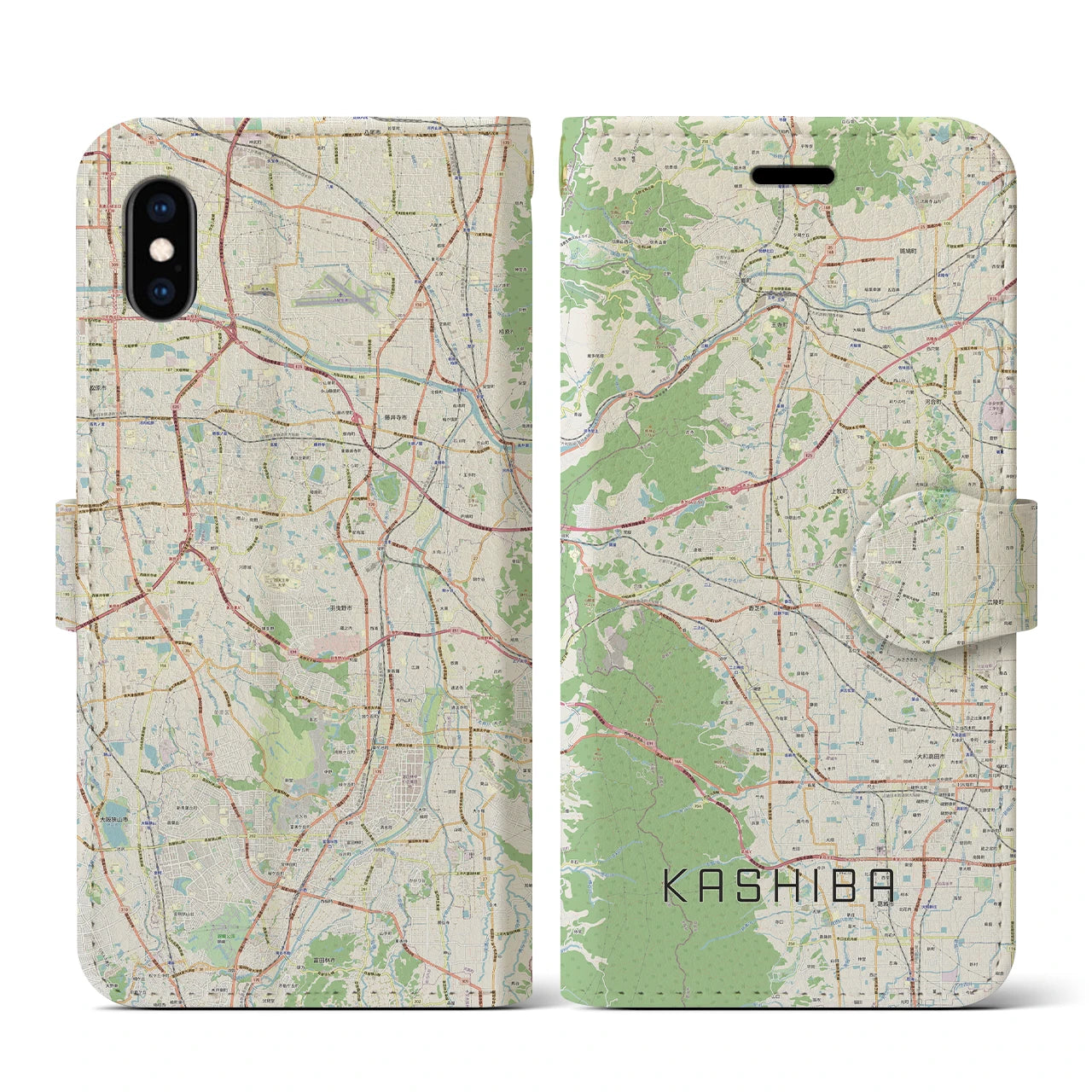 【香芝(奈良県)】地図柄iPhoneケース(手帳タイプ)ナチュラル・iPhone XS / X 用