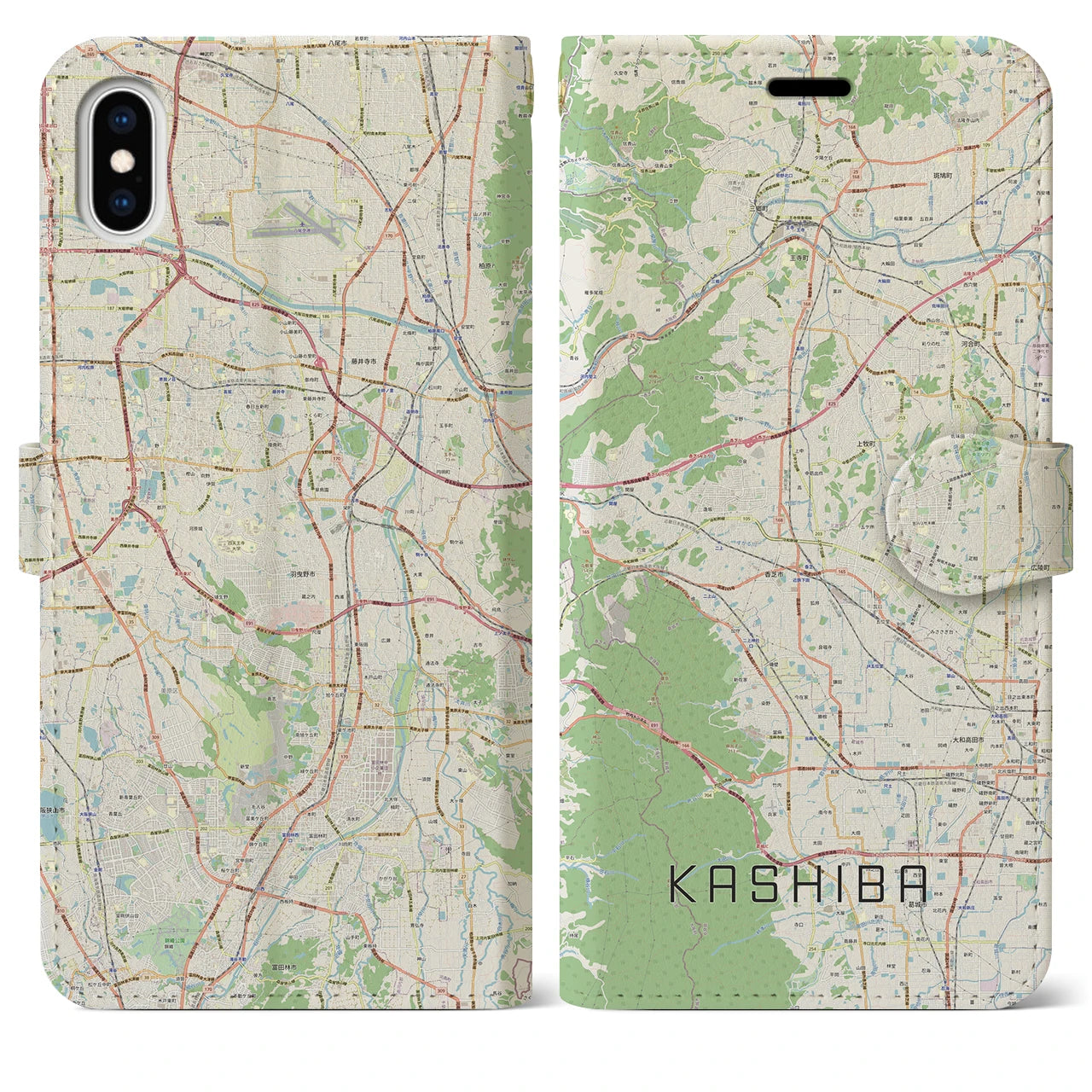 【香芝(奈良県)】地図柄iPhoneケース(手帳タイプ)ナチュラル・iPhone XS Max 用