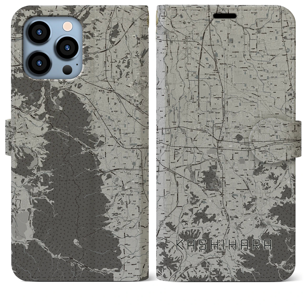 【橿原(奈良県)】地図柄iPhoneケース(手帳タイプ)モノトーン・iPhone 13 Pro Max 用