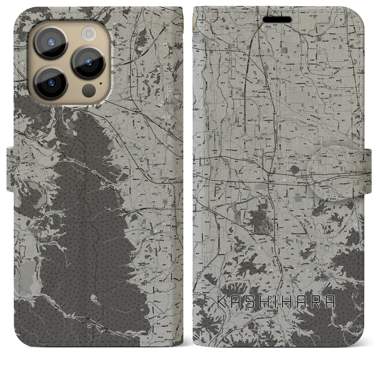 【橿原(奈良県)】地図柄iPhoneケース(手帳タイプ)モノトーン・iPhone 14 Pro Max 用