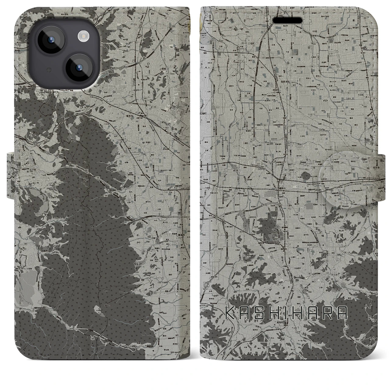 【橿原(奈良県)】地図柄iPhoneケース(手帳タイプ)モノトーン・iPhone 14 Plus 用