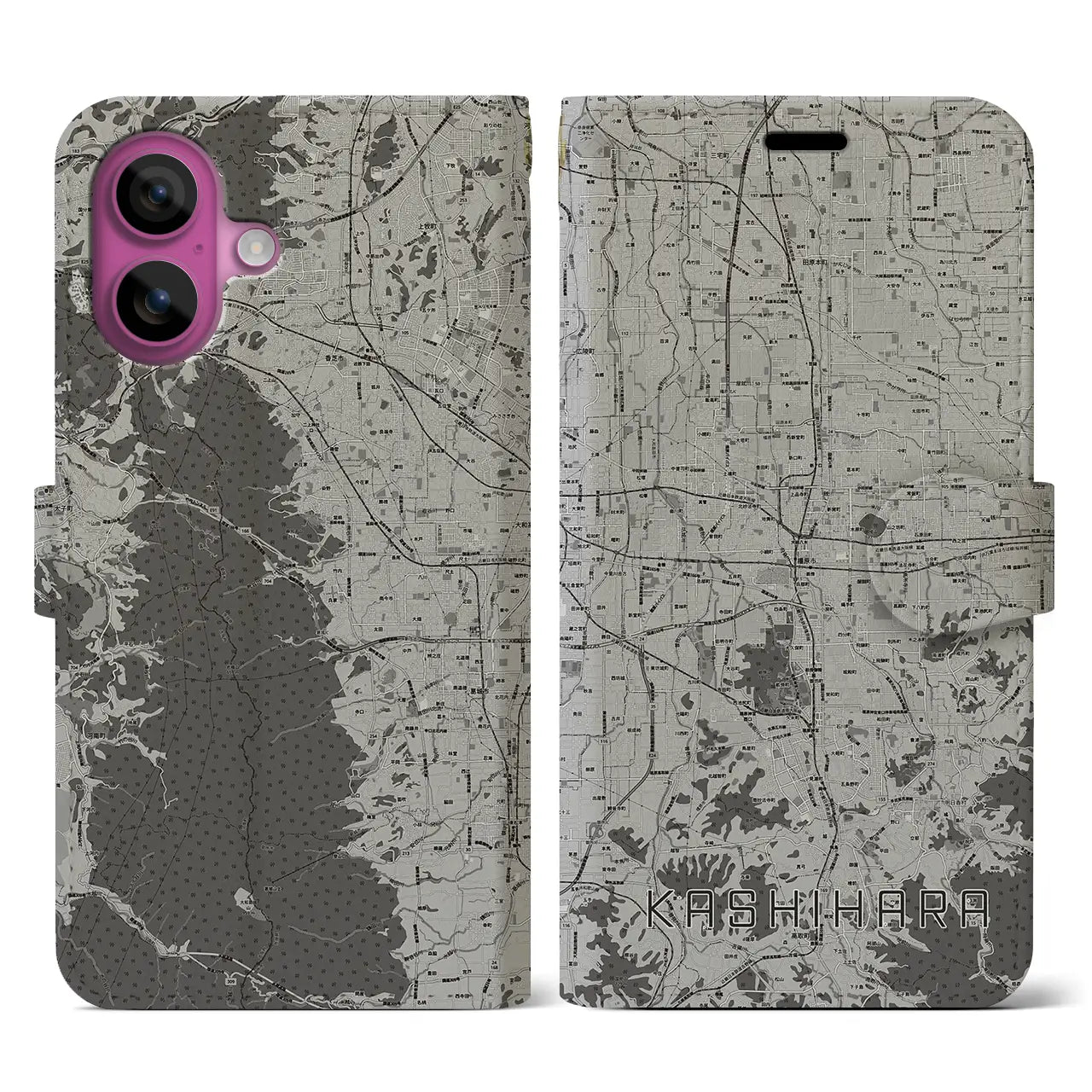【橿原(奈良県)】地図柄iPhoneケース(手帳タイプ)モノトーン・iPhone 16 Pro 用