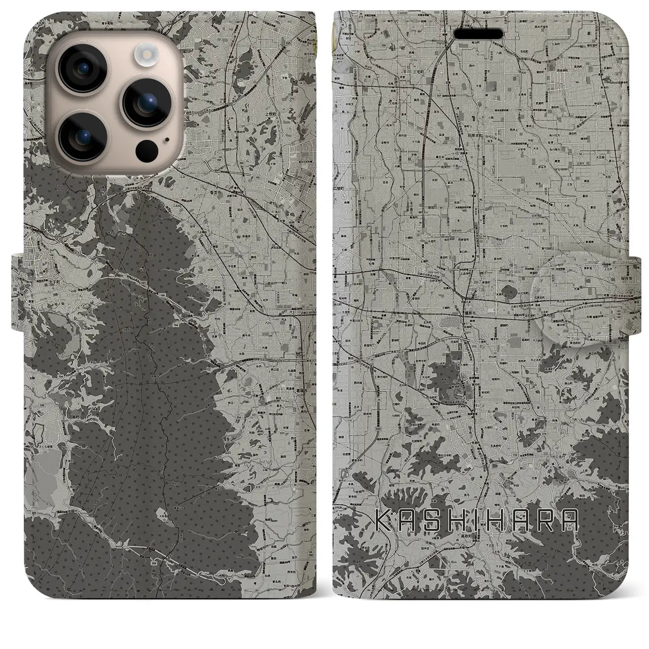 【橿原(奈良県)】地図柄iPhoneケース(手帳タイプ)モノトーン・iPhone 16 Plus 用