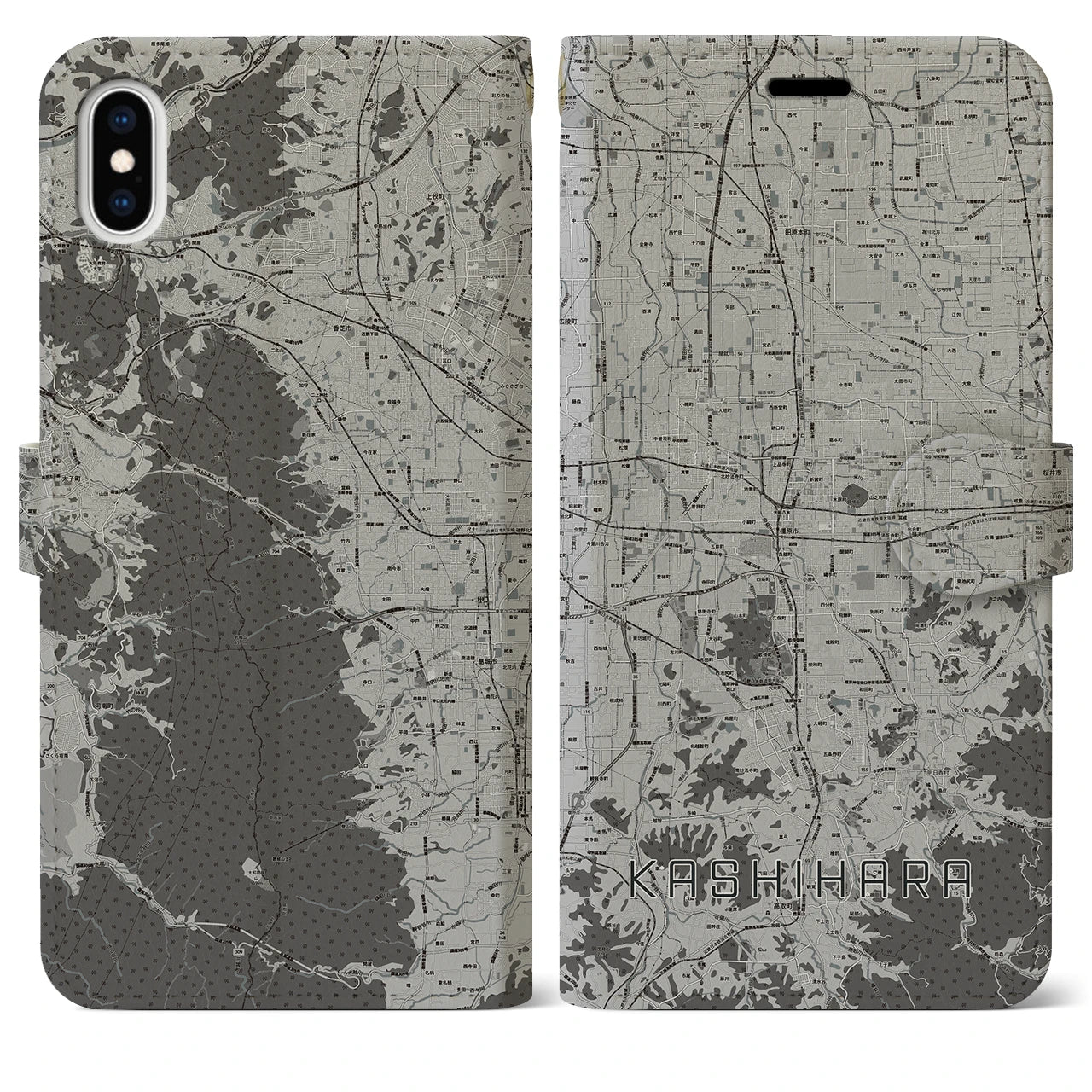 【橿原(奈良県)】地図柄iPhoneケース(手帳タイプ)モノトーン・iPhone XS Max 用