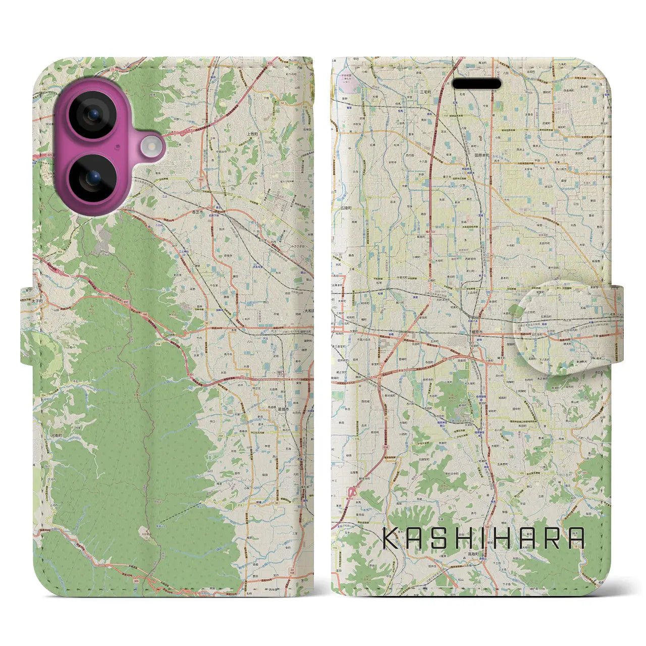 【橿原(奈良県)】地図柄iPhoneケース(手帳タイプ)ナチュラル・iPhone 16 Pro 用