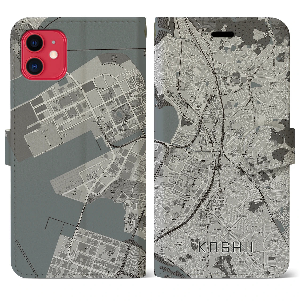 【香椎(福岡県)】地図柄iPhoneケース(手帳タイプ)モノトーン・iPhone 11 用