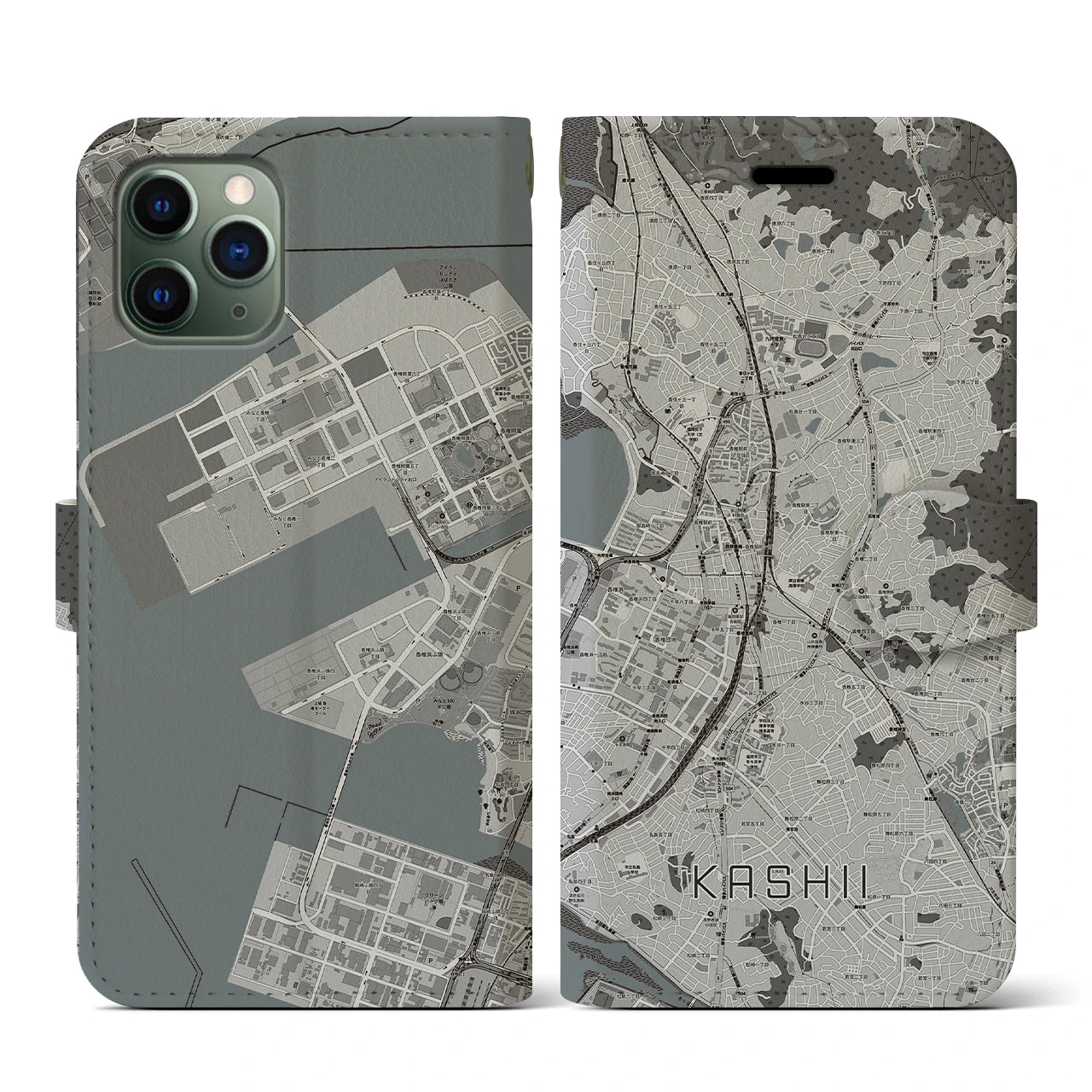 【香椎(福岡県)】地図柄iPhoneケース(手帳タイプ)モノトーン・iPhone 11 Pro 用