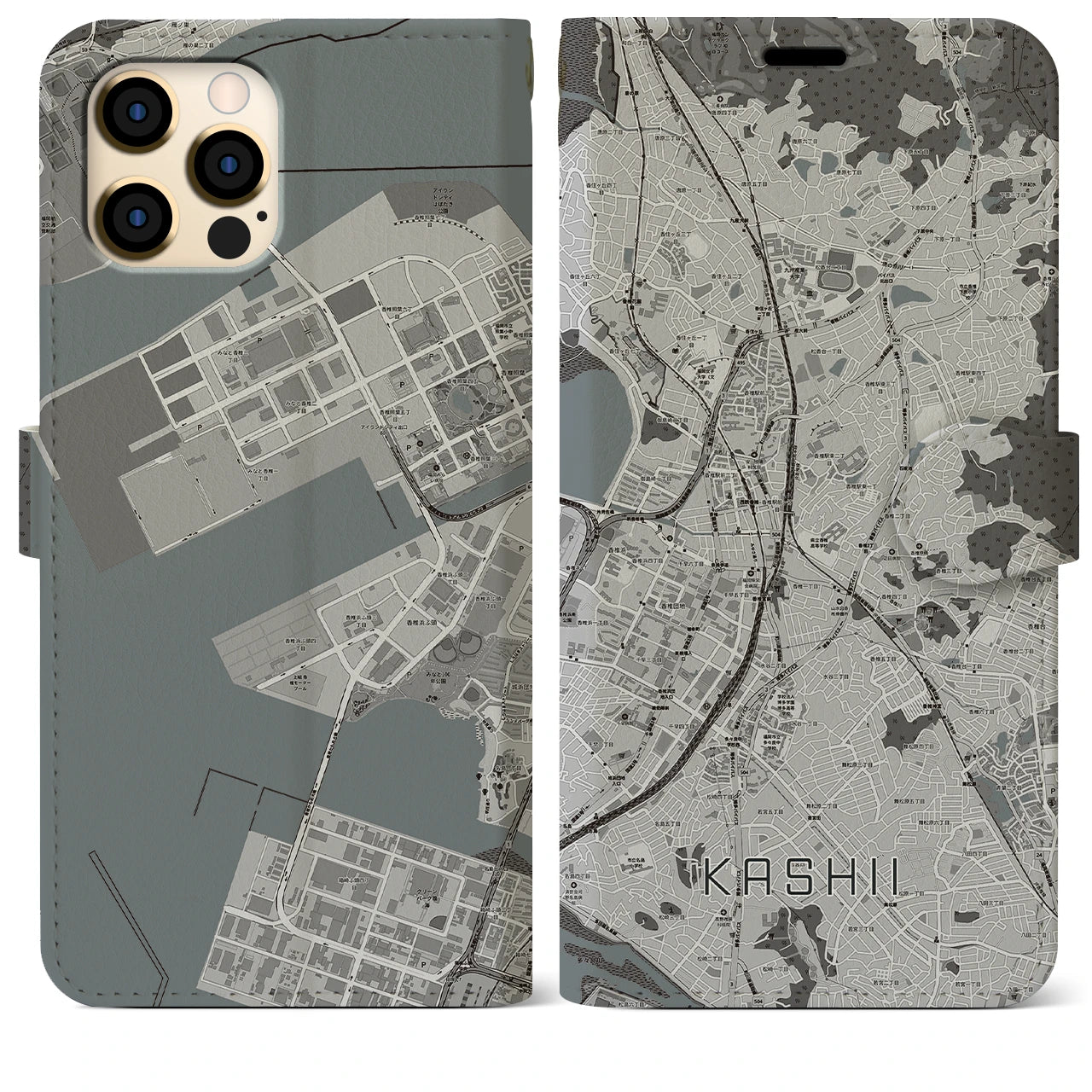 【香椎(福岡県)】地図柄iPhoneケース(手帳タイプ)モノトーン・iPhone 12 Pro Max 用