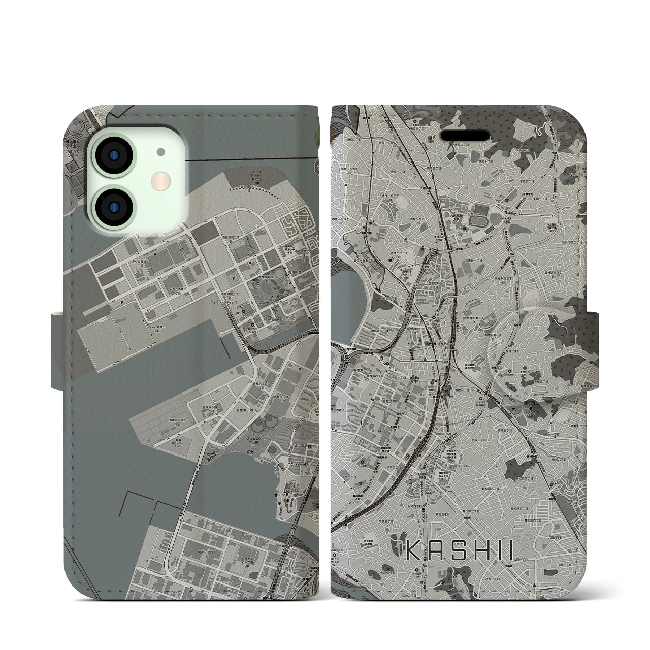 【香椎(福岡県)】地図柄iPhoneケース(手帳タイプ)モノトーン・iPhone 12 mini 用