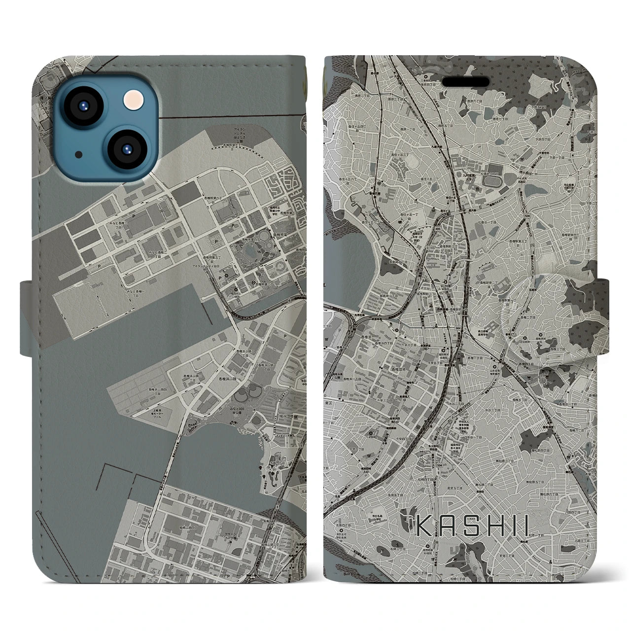 【香椎(福岡県)】地図柄iPhoneケース(手帳タイプ)モノトーン・iPhone 13 用