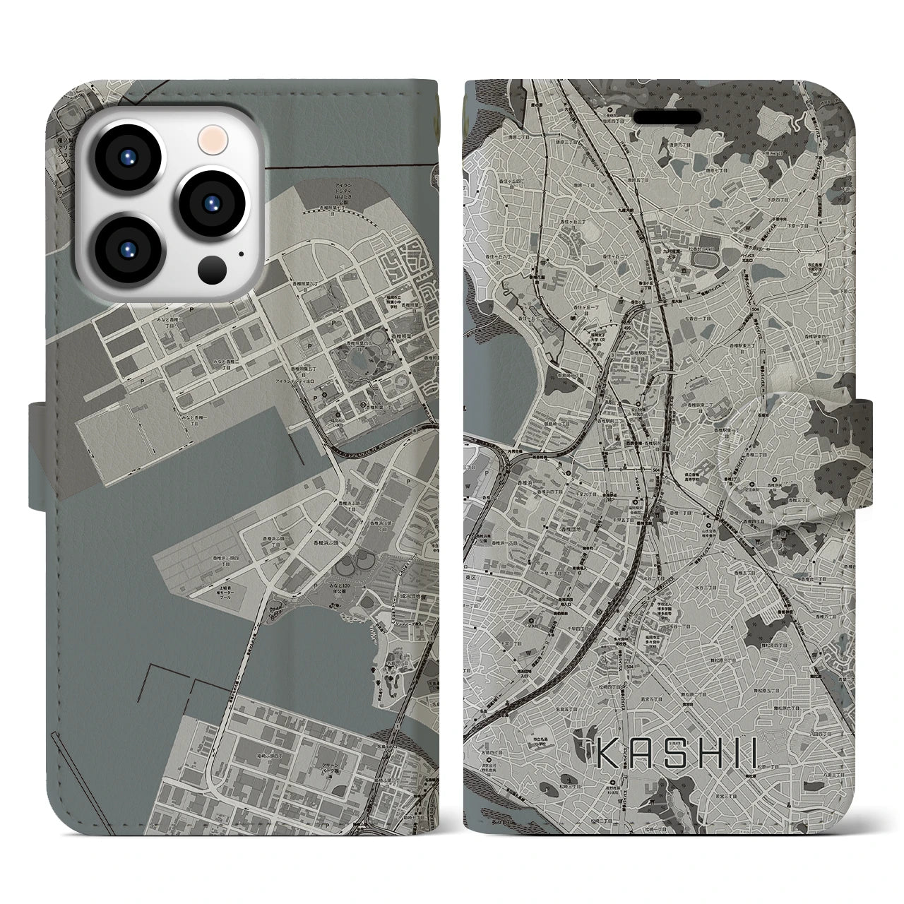 【香椎(福岡県)】地図柄iPhoneケース(手帳タイプ)モノトーン・iPhone 13 Pro 用