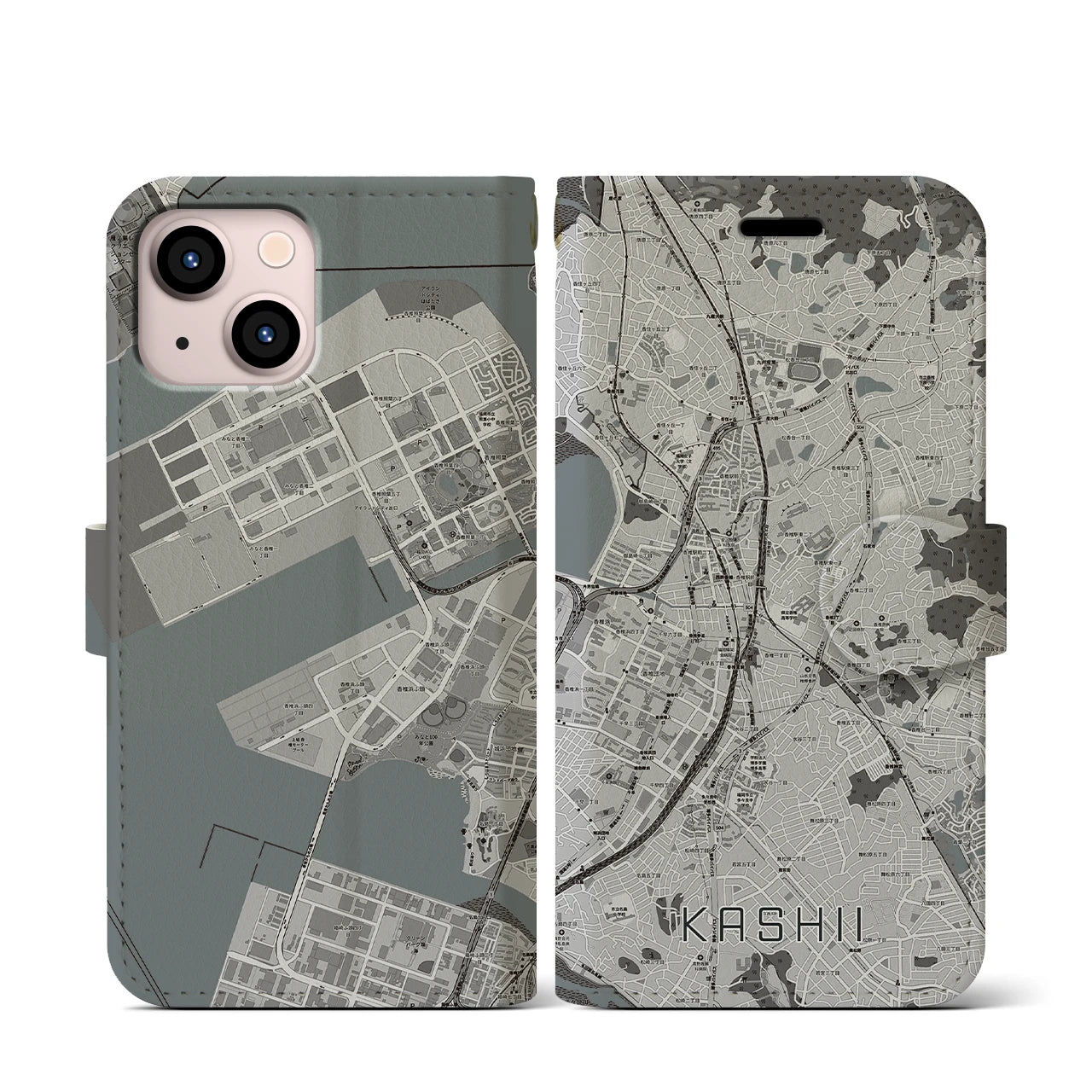 【香椎(福岡県)】地図柄iPhoneケース(手帳タイプ)モノトーン・iPhone 13 mini 用