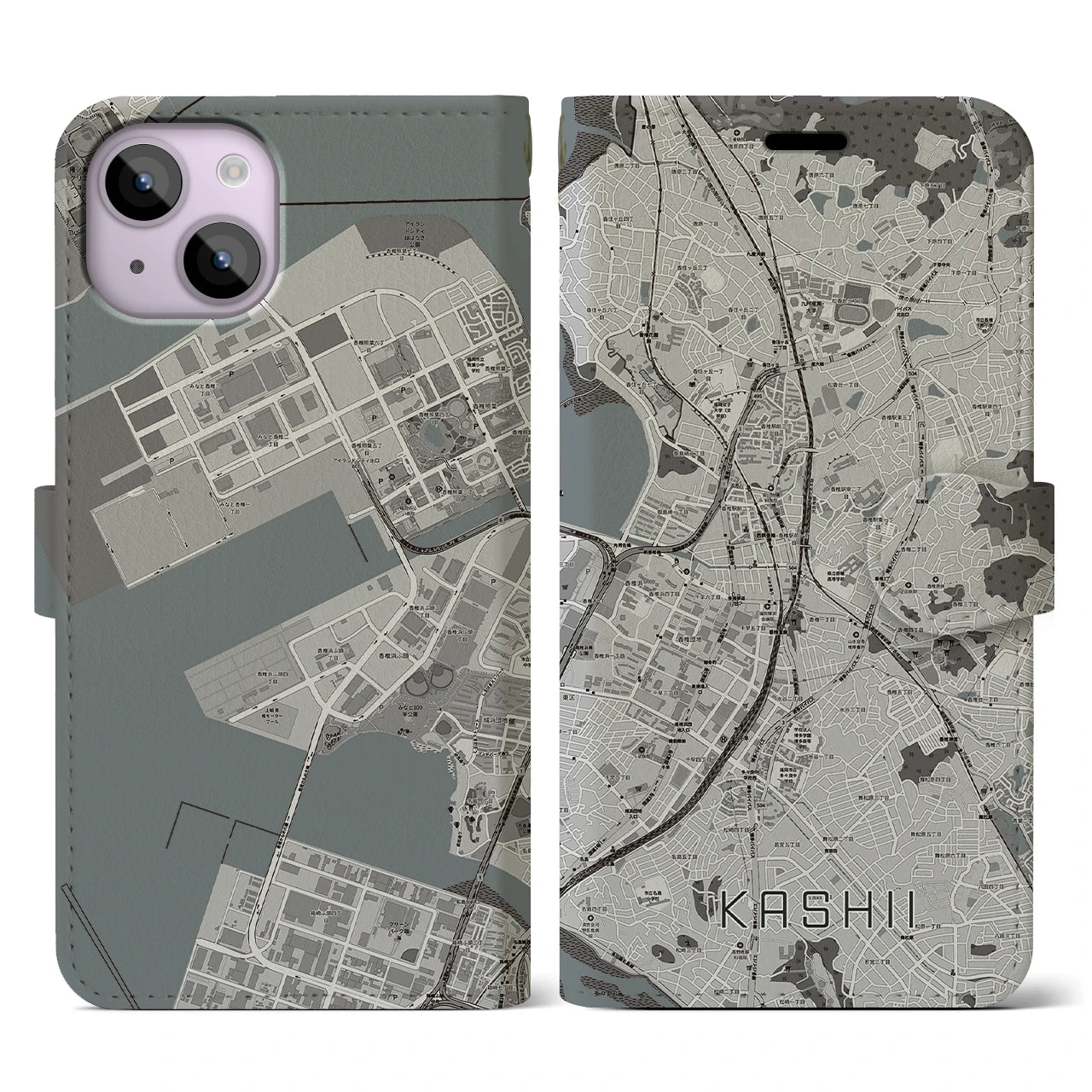 【香椎(福岡県)】地図柄iPhoneケース(手帳タイプ)モノトーン・iPhone 14 用