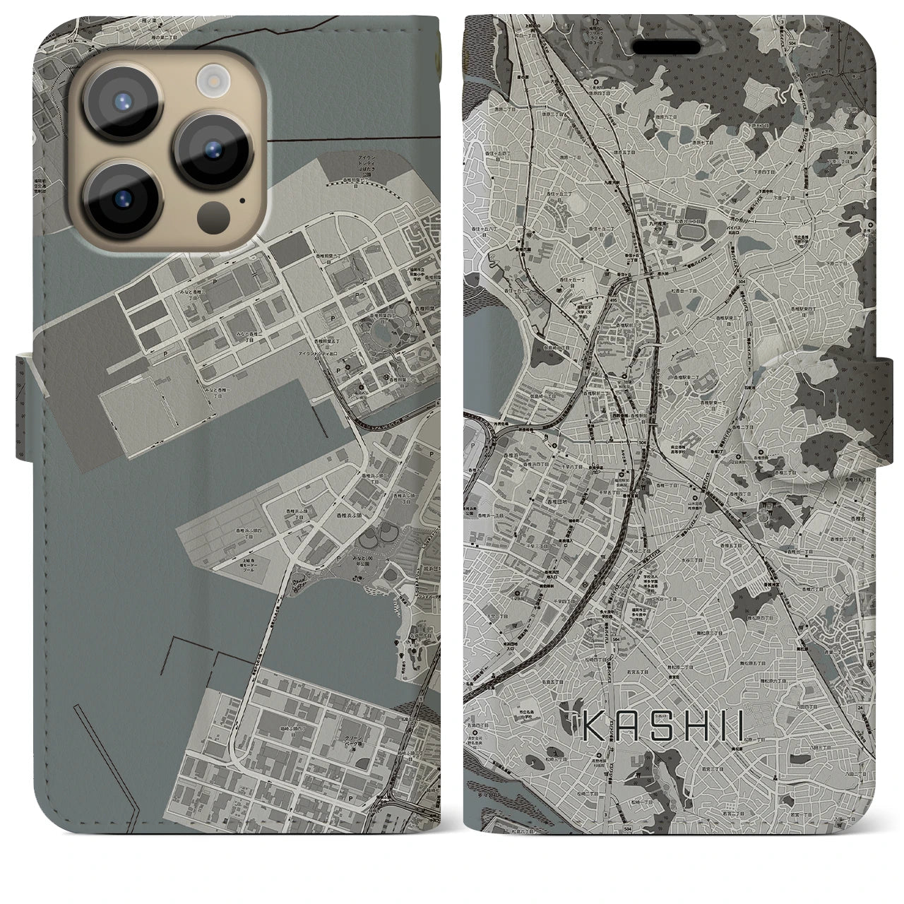 【香椎(福岡県)】地図柄iPhoneケース(手帳タイプ)モノトーン・iPhone 14 Pro Max 用