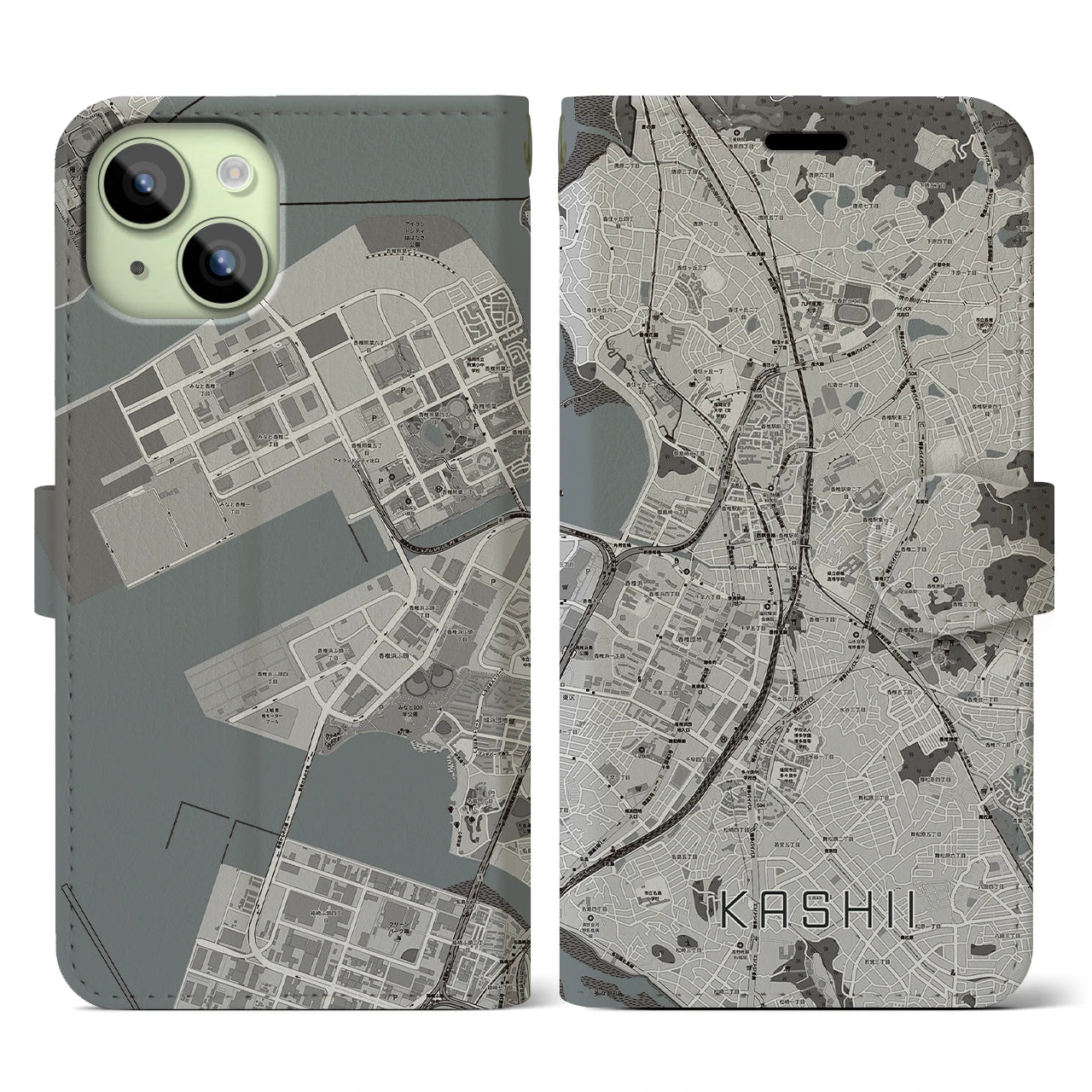 【香椎(福岡県)】地図柄iPhoneケース(手帳タイプ)モノトーン・iPhone 15 用