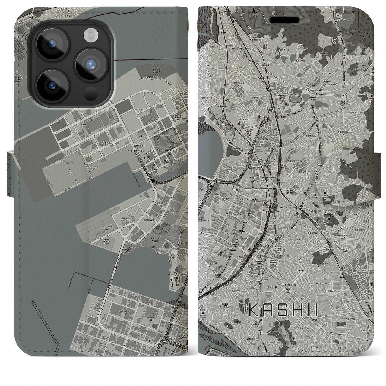 【香椎(福岡県)】地図柄iPhoneケース(手帳タイプ)モノトーン・iPhone 15 Pro Max 用