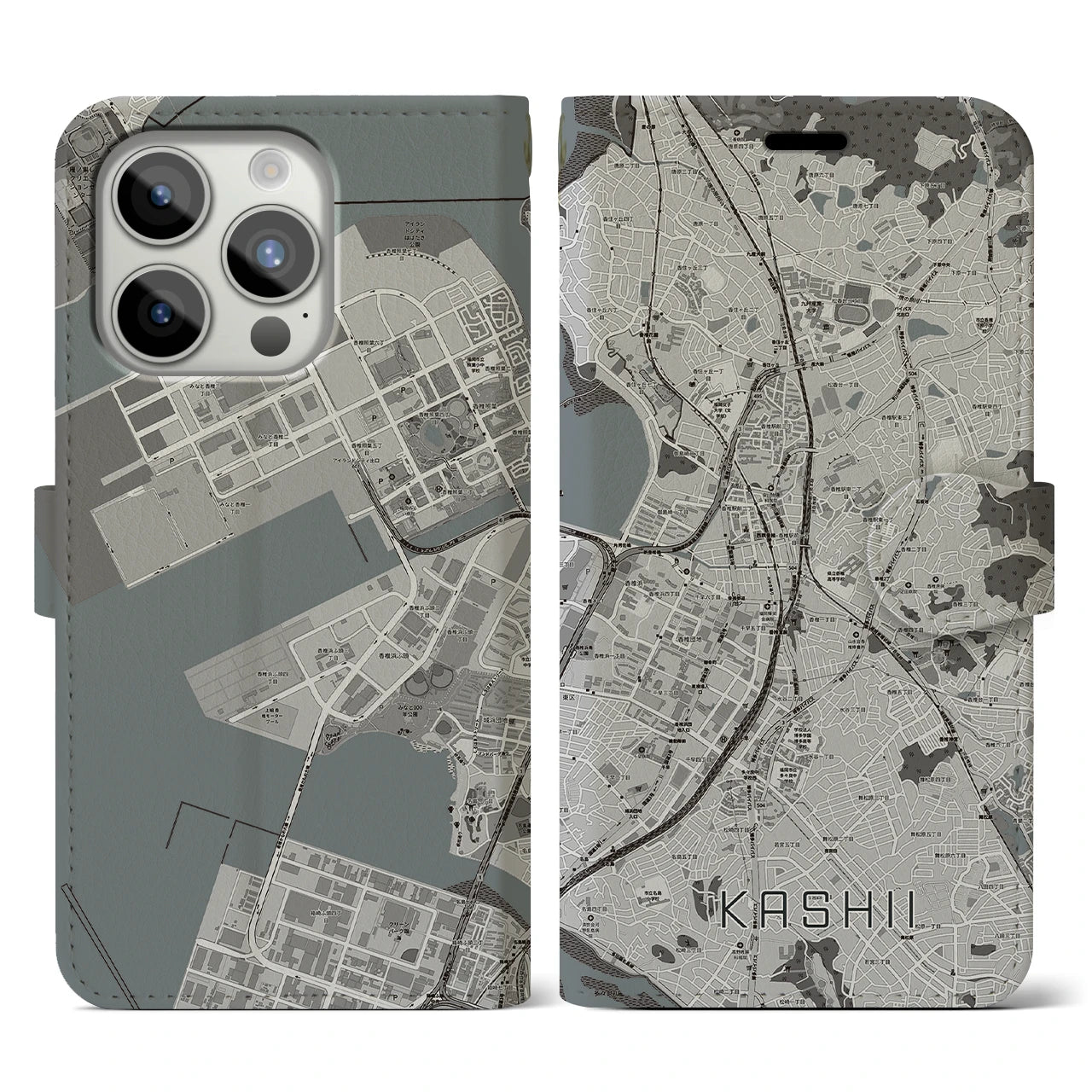 【香椎(福岡県)】地図柄iPhoneケース(手帳タイプ)モノトーン・iPhone 15 Pro 用
