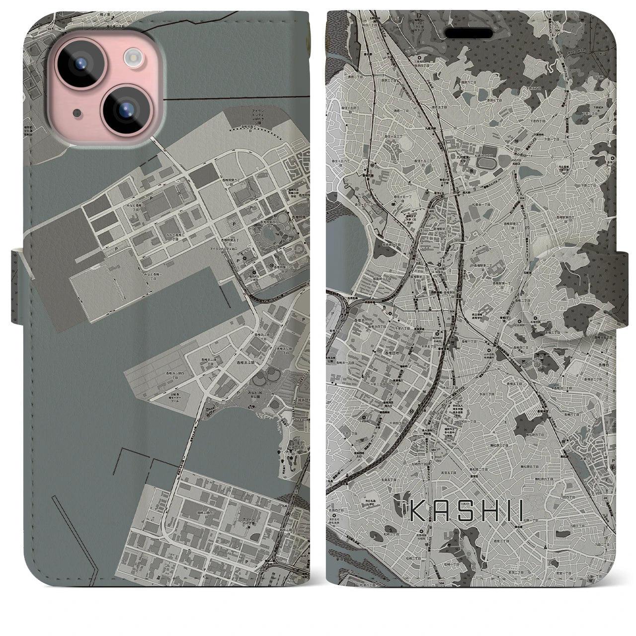 【香椎(福岡県)】地図柄iPhoneケース(手帳タイプ)モノトーン・iPhone 15 Plus 用